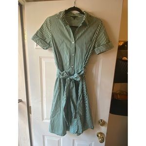 Green and white striped shirtwaist wrap dress